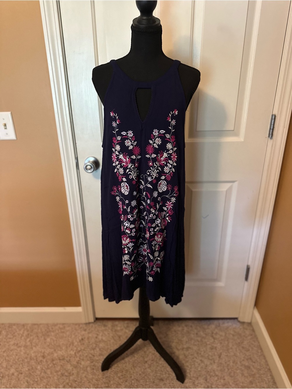 miami Navy Embroidered Keyhole Mini Dress